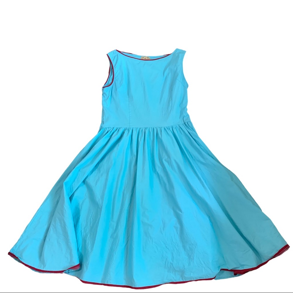 1950 Vintage Style Dress in Blue with Maroon Trim